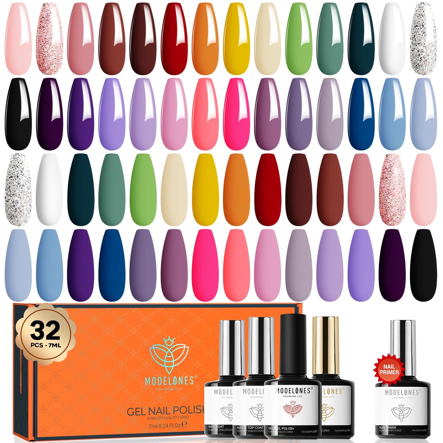 modelones 32 Pcs Gel Nail Polish Set, 28 Colors Valentine's Day Gel Polish Kit with Glossy&Matte Top Base Coat + Bond Primer Gift for Women DIY Home