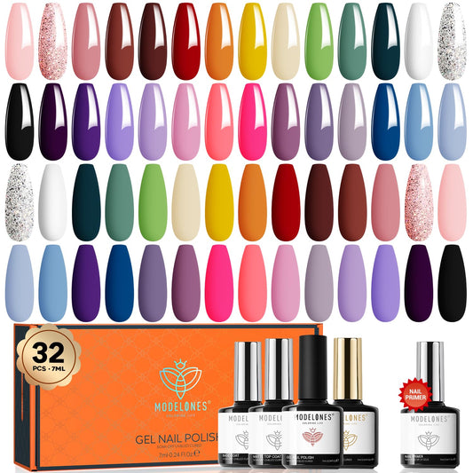 modelones 32 Pcs Gel Nail Polish Set, 28 Colors Valentine's Day Gel Polish Kit with Glossy&Matte Top Base Coat + Bond Primer Gift for Women DIY Home