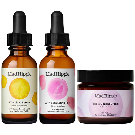 Mad Hippie Skin Brightening Kit, Daily Skincare Routine with Triple C Night Cream, AHA Exfoliating Peel, and Vitamin C Serum