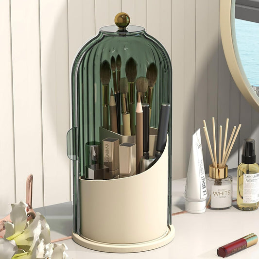 Emljkvp Makeup Brush Holder with Dustproof Cover 360 Rotating Makeup Brush Organizer for Vanity Bathroom, Green