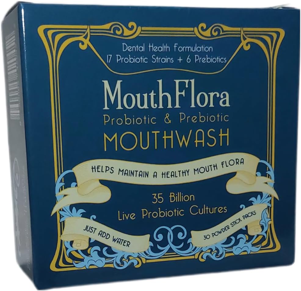 MouthFlora - Probiotic & Prebiotic Mouthwash | Dental Health Formulation | 17 Probiotic Strains + 6 Prebiotics | 35 Billion CFUs | Concentrated Powder Formulation | 30 Pack