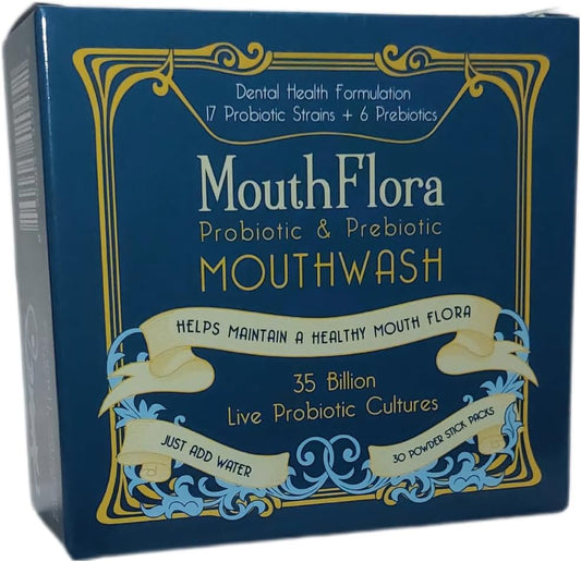 MouthFlora - Probiotic & Prebiotic Mouthwash | Dental Health Formulation | 17 Probiotic Strains + 6 Prebiotics | 35 Billion CFUs | Concentrated Powder Formulation | 30 Pack