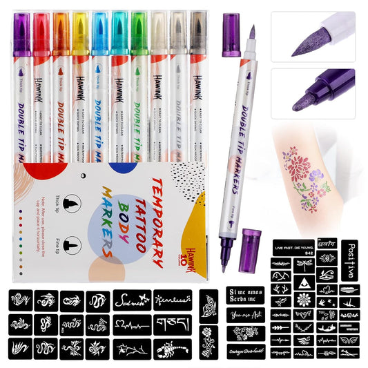 HAWINK Temporary Tattoo Markers for Skin, 10 Body Markers + 56 Large Tattoo Stencils for Kids and Adults, Dual-End Tattoo Pens Make Bold and Fine Lines with Cosmetic-Grade Tattoo Ink ZYH2208001KIT