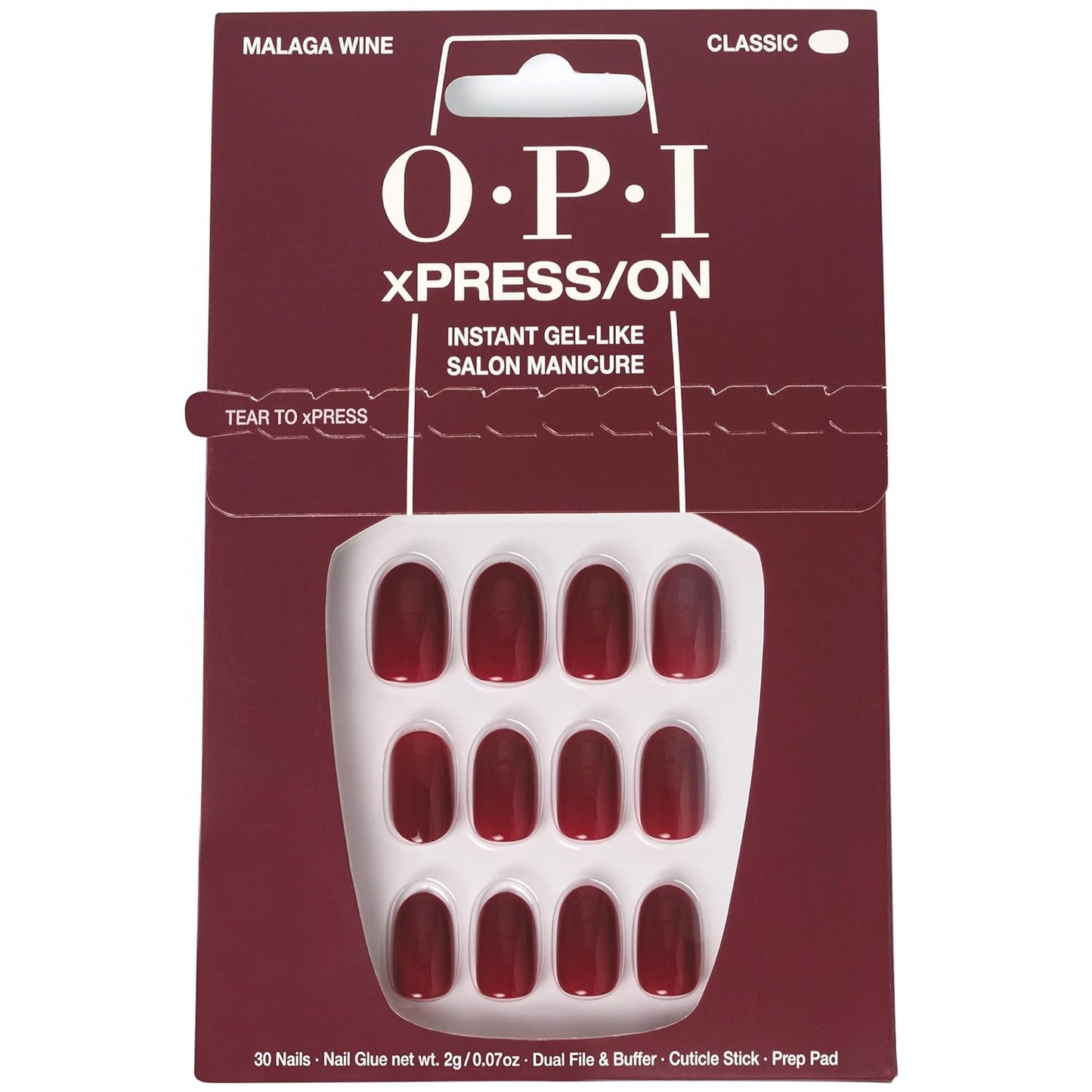 OPI xPRESS/ON Press On Nails, Up to 14 Days of Wear, Gel-Like Salon Manicure, Vegan, Sustainable Packaging, With Nail Glue, Short Red Nails, Malaga Wine