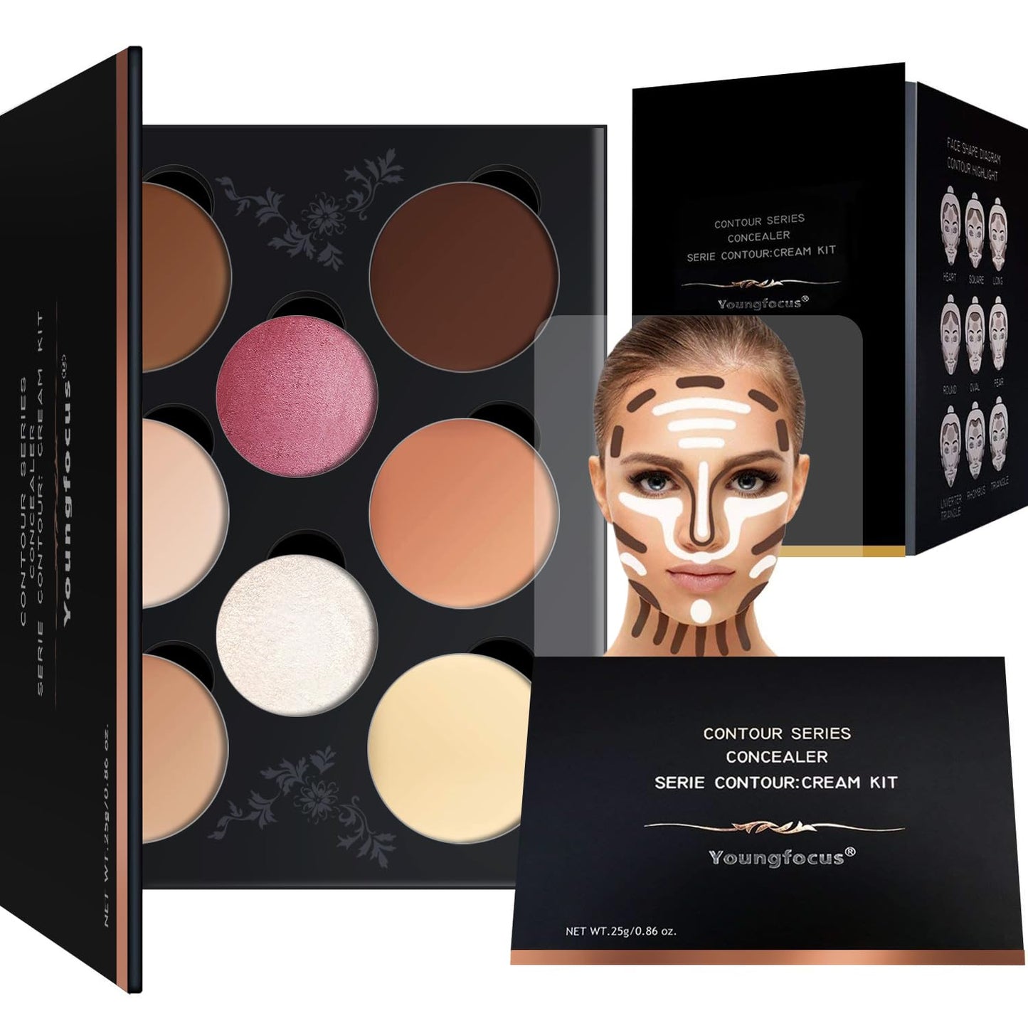 Youngfocus Cosmetics Cream Contour Best 8 Colors Contouring Foundation - Highlighting Makeup Kit/Concealer Palette - Vegan, Cruelty Free and Hypoallergenic - Instruction Manual_Face Blushes_