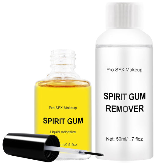 DELISOUL Spirit Gum Adhesive And Remover Combo Kit(0.5 Fl Oz), Professional Liquid Adhesive and Remover, Special Effects Makeup Face Body Prosthetics Glue, SFX Mkaeup Kit For Halloween Costume Theatre
