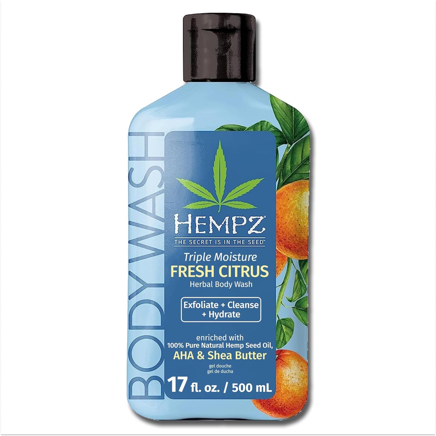 Hempz Triple Moisture Body Wash - Grapefruit & Peach - Hydrating for Sensitive Skin, Scented, Exfoliating with Shea Butter, Pure Hemp Seed Oil, and Algae for Sensitive Skin - 17 fl oz
