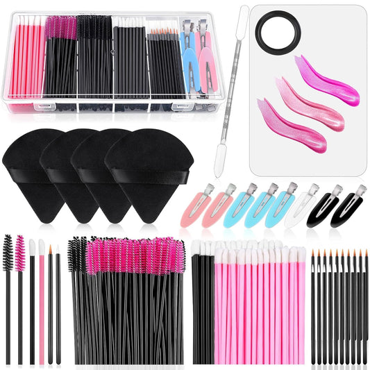 Disposable Makeup Applicators Kit with Triangle Puff Mixing Palette, Artist Supplies Disposable Mascara Wands, Lip Brushes, Hair Clips Powder Puffs for Face with Storage Box