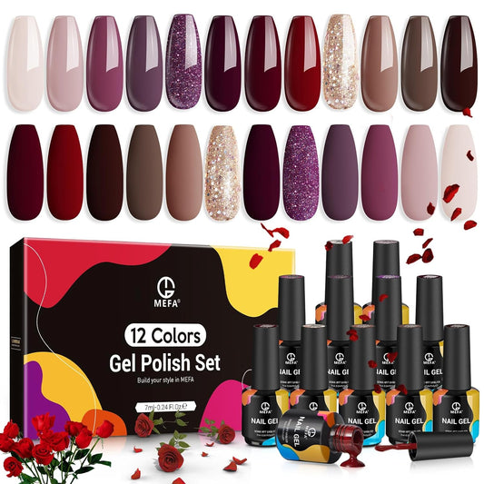 MEFA Gel Nail Polish Set, 12 Colors Fall Winter Burgundy Purple Champagne Gold Glitter Soak Off Nail Polish Gel Dark Red Purple Shimmer Brown Valentines Day Decoration Gifts for Women DIY Salon Home