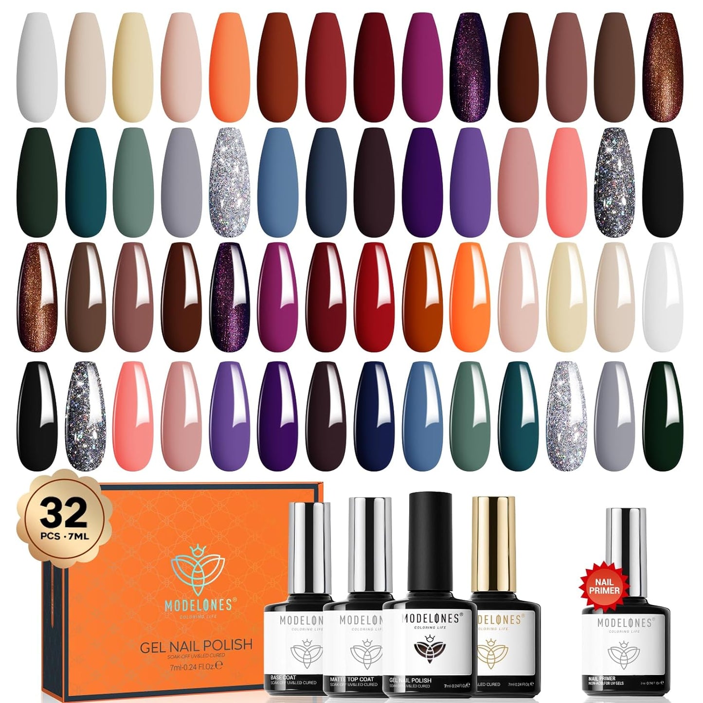 modelones Winter Gel Nail Polish Set, 32 PCS Cat Eye Gel Polish with No Wipe Base & Top Coat and Nail Primer 28 Colors Glitter Black Brown Red Purple Valentine's Day Gifts for Women