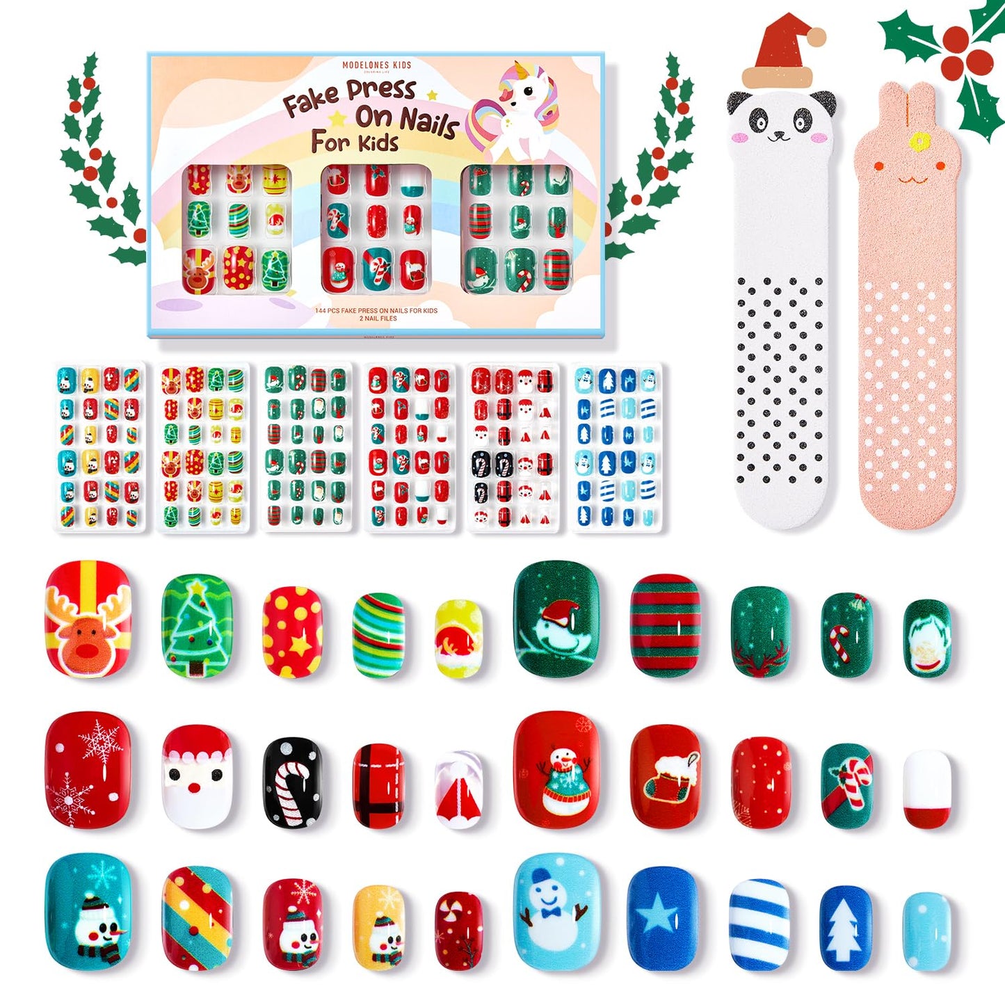 Modelones 144Pcs 6 Pack Christmas Press on Nails for Kids Children Girls Toys 8-10 Acrylic Fake Nails Pre-glue Full Cover Snowflake Red Xmas Short False Nail Art Kits Sets Gifts For Kids Girls
