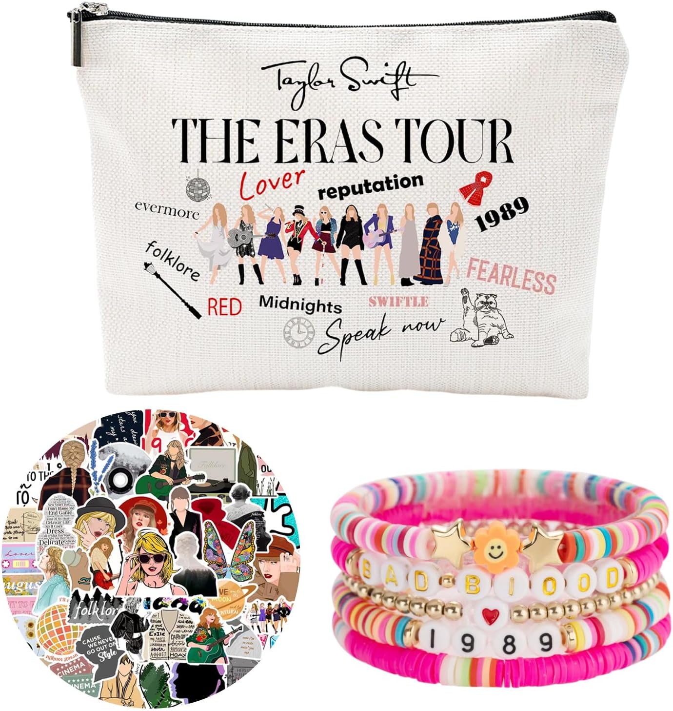 YUCAZO Singer TS Makeup Bag Friendship Bracelets,50 stickers for Women Cosmetic Bag Outfit Jewelry Music Love Fans Music Lover Gifts