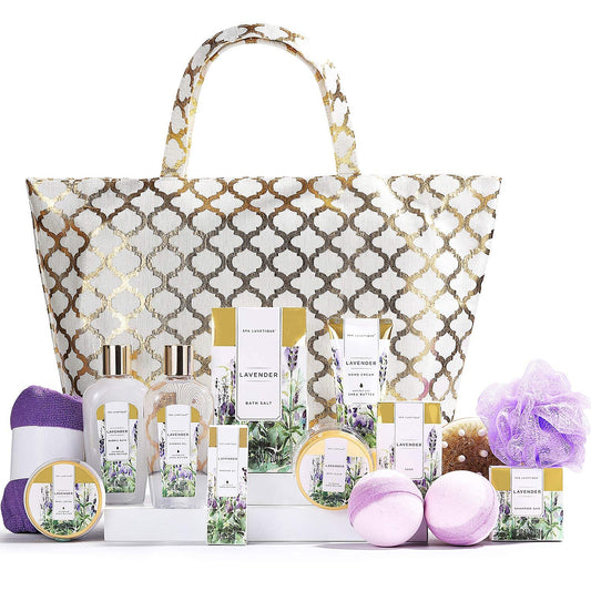 Gift Baskets for Women Spa Gifts for Women 15pcs Lavender Home Spa Kit for Women Gifts Spa Luxetique Bath and Body Gift Sets Tote Bag Gifts for Women Valentine's Day Gifts Birthday Gifts for Women Her