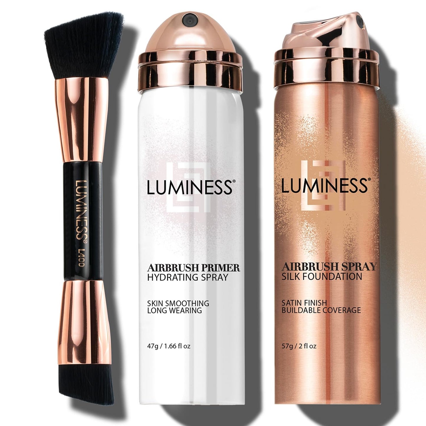 LUMINESS Silk Airbrush Spray Foundation Makeup Starter Kit - Full Coverage Foundation, Primer & Dual-Sided Buffing Brush - Buildable Coverage, Anti-Aging Formula Hydrates & Moisturizes (Shade - Fair)