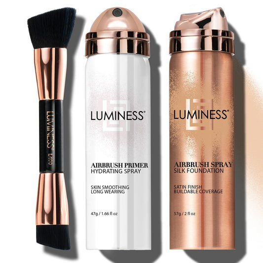 LUMINESS Silk Airbrush Spray Foundation Makeup Starter Kit - Full Coverage Foundation, Primer & Dual-Sided Buffing Brush - Buildable Coverage, Anti-Aging Formula Hydrates & Moisturizes (Shade - Fair)