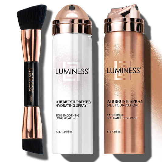LUMINESS Silk Airbrush Spray Foundation Makeup Starter Kit - Full Coverage Foundation, Primer & Dual-Sided Buffing Brush - Buildable Coverage, Anti-Aging Formula Hydrates & Moisturizes (Shade - Warm)