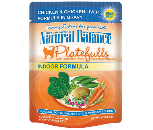 Natural Balance Pet Foods Platefulls Indoor Chicken and Chicken Liver Formula Cat Wet Food 3 oz 24 Pack