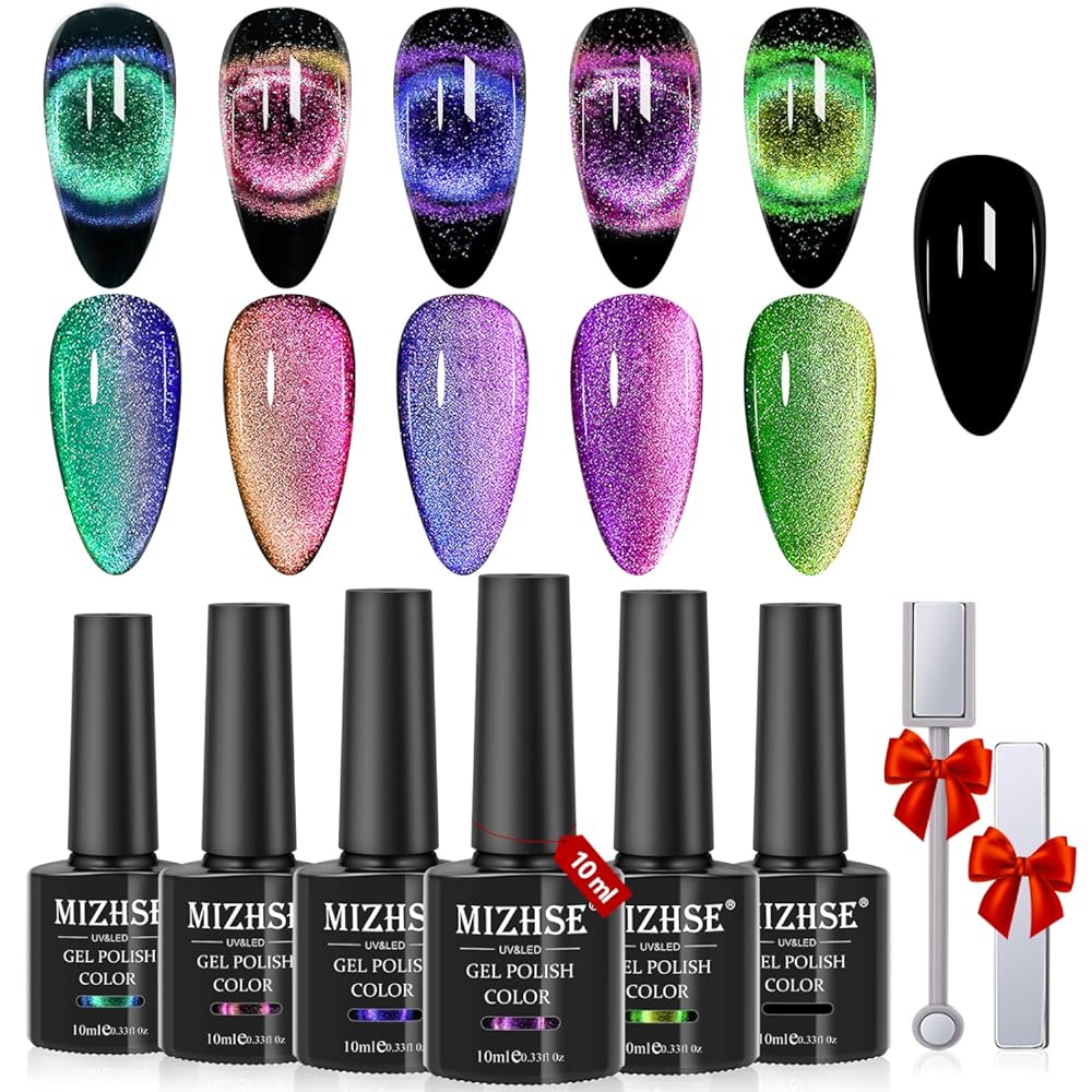 MIZHSE 9D Cat Eye Gel Nail Polish, Magnetic Cat Eye Gel Polish Set, 10ml*6 with 2 Magnets, Classic Colors Chameleon Magic Galaxy Effect Soak off Nail Art - Valentine's Day Gel Polish Gift for Women