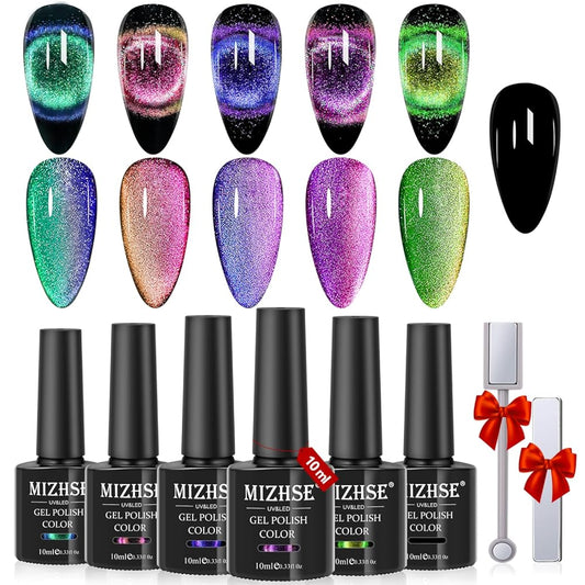 MIZHSE 9D Cat Eye Gel Nail Polish, Magnetic Cat Eye Gel Polish Set, 10ml*6 with 2 Magnets, Classic Colors Chameleon Magic Galaxy Effect Soak off Nail Art - Valentine's Day Gel Polish Gift for Women