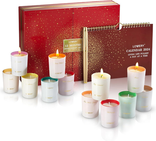 Womens Valentines Gifts, Candle Gifts for Women with 2024 Wall Calendar, 12 Unique Scented Aromatherapy Soy Candles & Gold Pen, 12 Month Advent Calendar, Home Candle Birthday Gift Set for Women & Men