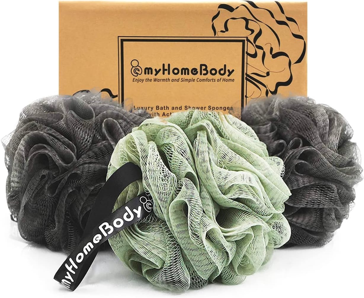 myHomeBody Large 70g Loofah Sponge, Bath Body Scrubber for Women, Men | Exfoliating Shower Pouf with Activated Charcoal - 2 Graphite Gray + 1 Sage Green, 3 Pack