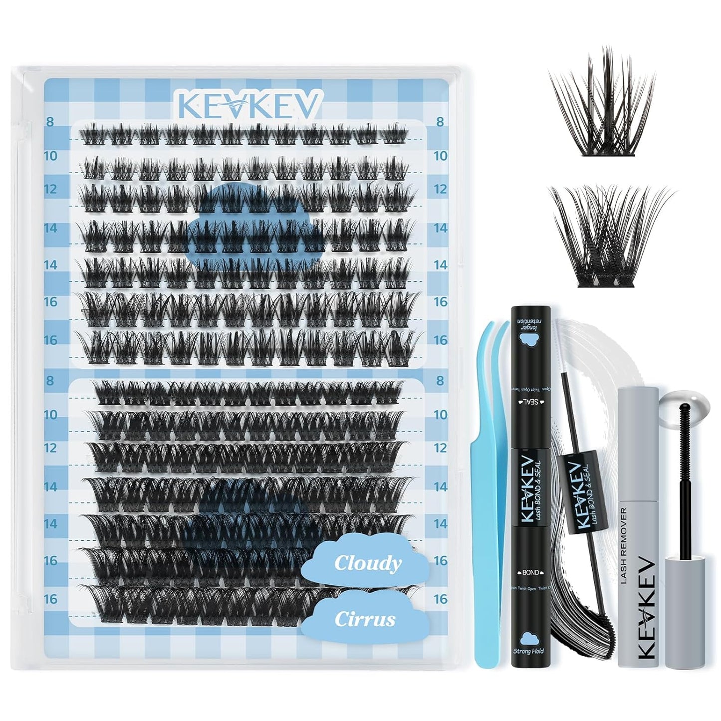 KevKev Lash Extension Kit 168Pcs Lash Clusters Eyelash Extensions Kit DIY Lash Extension Kit with Lash Bond and Seal Lash Applicator Lash Remover Individual Lashes Kit (Cloudy+Cirrus,8-16mix)