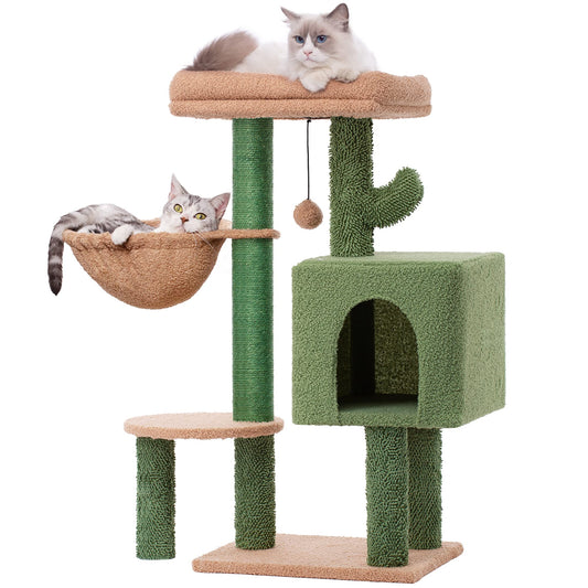 Cactus Cat Tree 34 Inches Cute Cat Tower with Padded Top Perch, Comfy Hammock