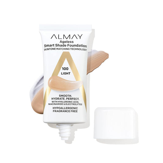Almay Anti-Aging Foundation, Smart Shade Face Makeup with Hyaluronic Acid, Niacinamide, Vitamin C & E, Hypoallergenic-Fragrance Free, 100 Light, 1 Fl Oz (Pack of 1)