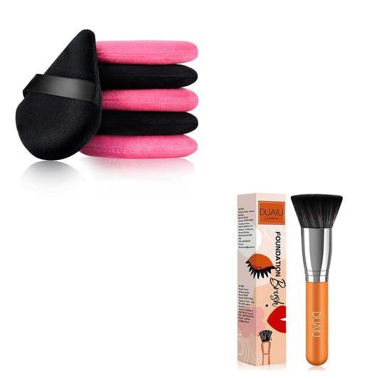 DUAIU 6Pcs Powder Puffs + 1Pcs Flat Top Foundation Brush