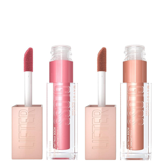 Maybelline Lifter Gloss with Hyaluronic Acid Makeup Bundle, Lip Gloss Set Includes 1 Nude Lip Gloss in Petal and 1 Pink Lip Gloss in Stone