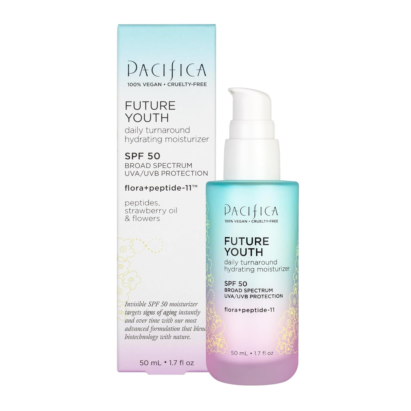 Pacifica Beauty, Future Youth Daily Turnaround Hydrating Moisturizer SPF 50, Lightweight Face Sunscreen, Fast-Absorbing, Fights Signs of Aging, UVA/UVB Broad Spectrum, Chemical Sunscreen, Vegan