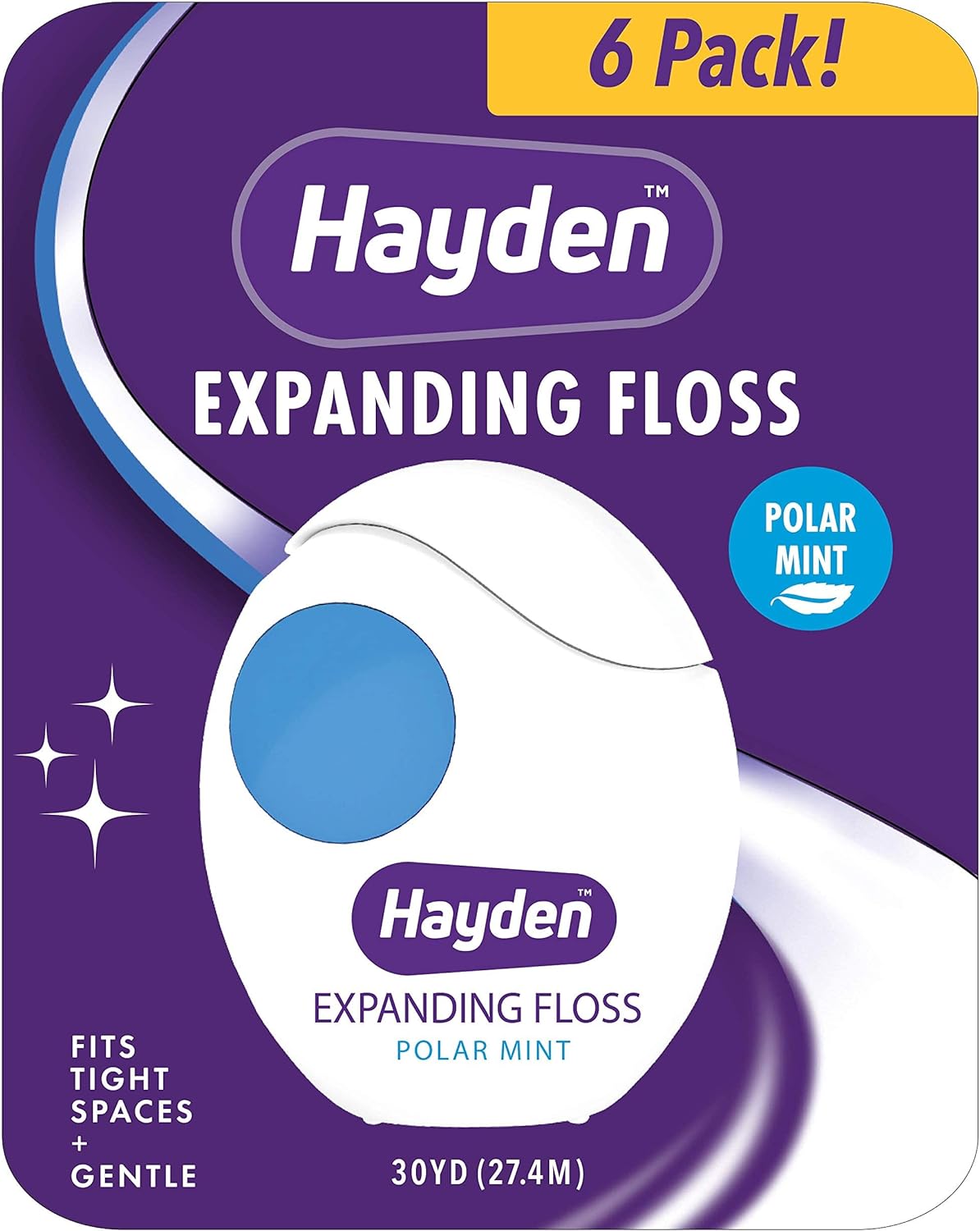Hayden Expanding Dental Floss | 6 Pack | Polar Mint Woven Floss with Anti Tartar Actives for Gentle Care | 180 Yards