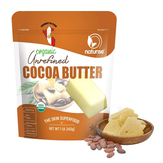 Naturise Raw Organic Unrefined Cocoa Butter from Peru - Moisturizer for Hair, Skin & DIY Lip Balm - 1lb
