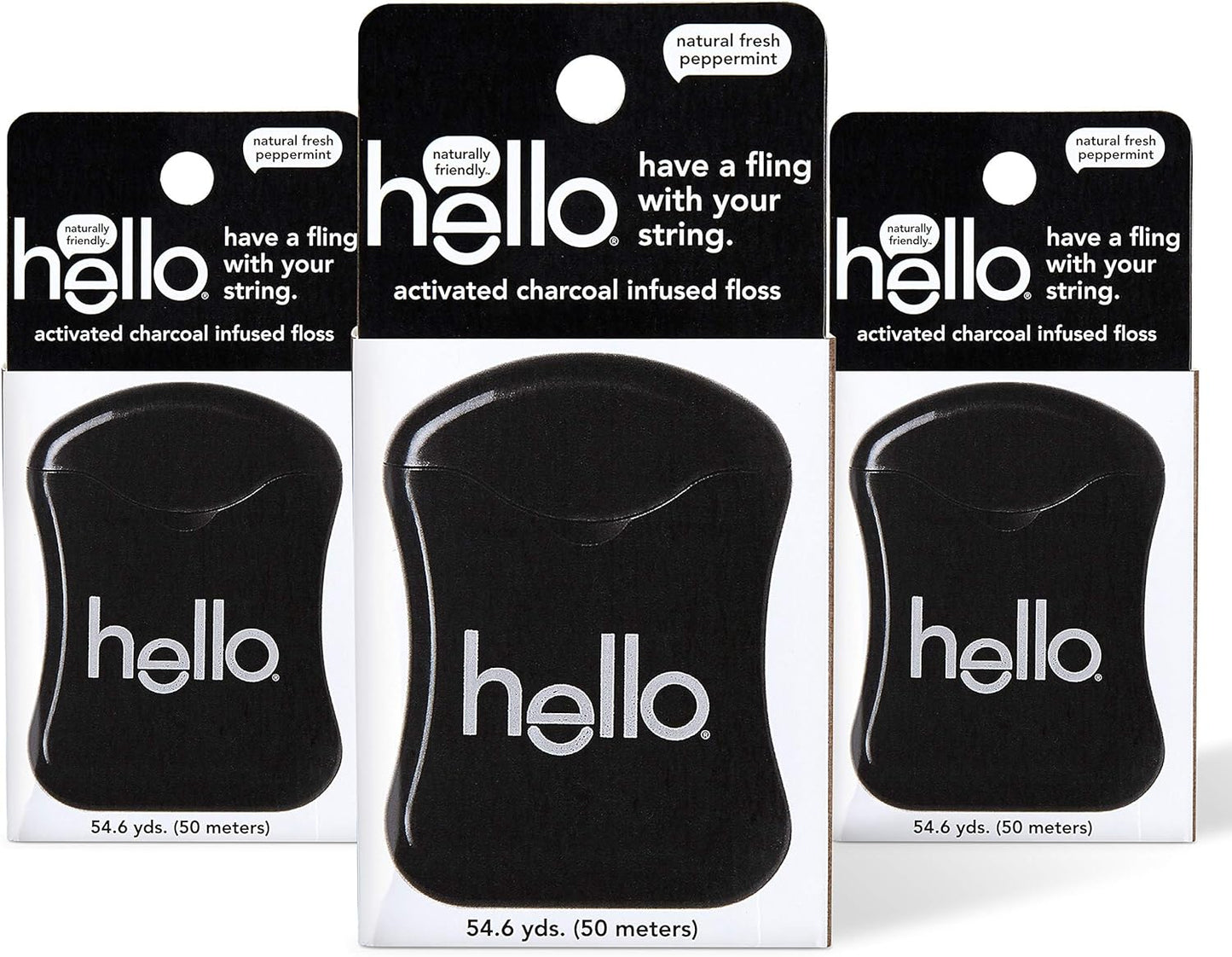 Hello Activated Charcoal Infused Floss Vegan Wax, Fresh Mint, Natural Peppermint Flavor, 3 Count