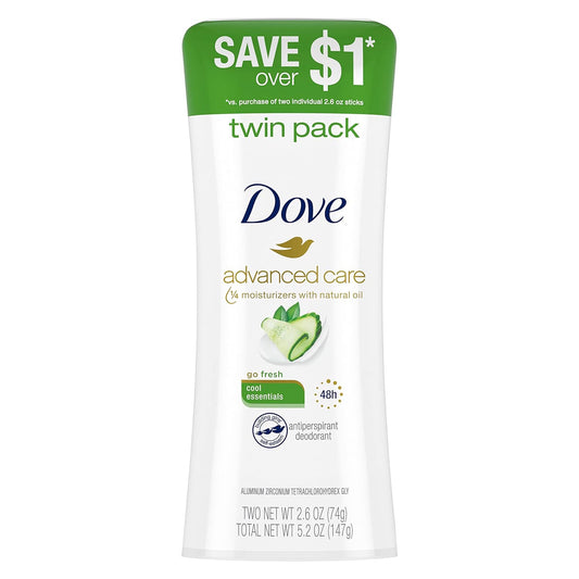 Dove Advanced Care Antiperspirant Deodorant Stick for Women, Cool Essentials, for 48 Hour Protection And Soft And Comfortable Underarms, 2.6 oz, 2 Count