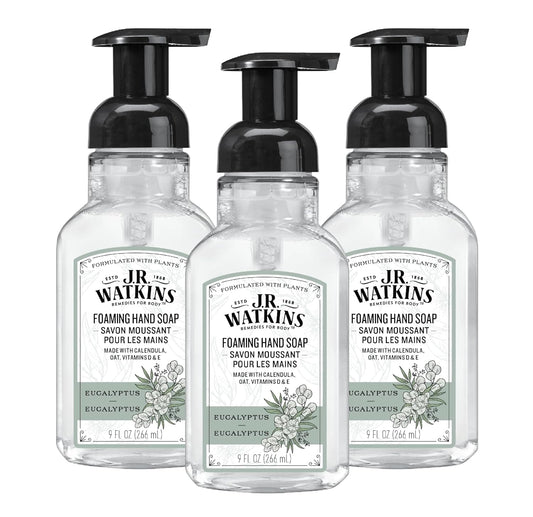 J.R. Watkins Foaming Hand Soap Pump with Dispenser, Moisturizing All Natural Hand Soap Foam, Alcohol-Free, Cruelty-Free, USA Made, Use as Kitchen or Bathroom Soap, Eucalyptus, 9 fl oz, 3 Pack