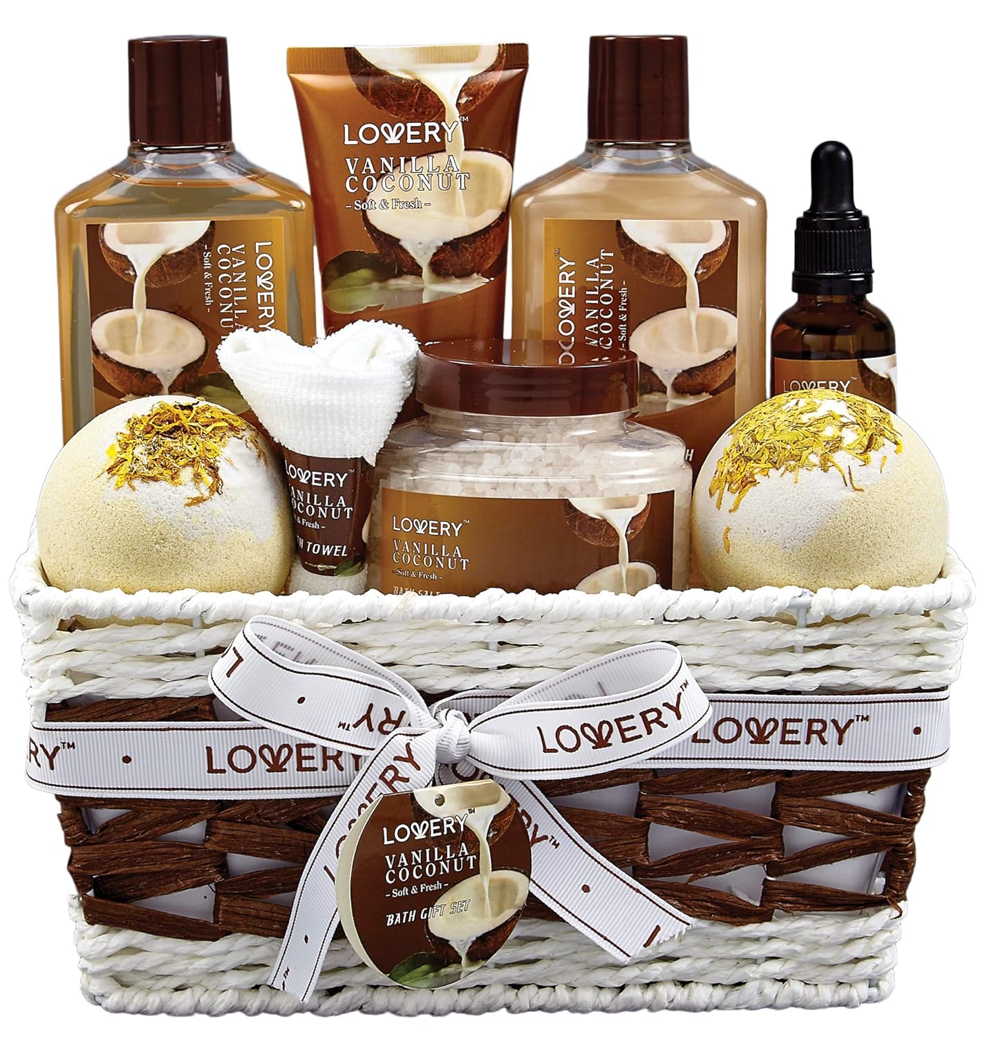 Bath and Body Gift Basket For Women and Men Ð 9 Piece Set of Vanilla Coconut Home Spa Set, Includes Fragrant Lotions, Extra Large Bath Bombs, Coconut Oil, Luxurious Bath Towel & More