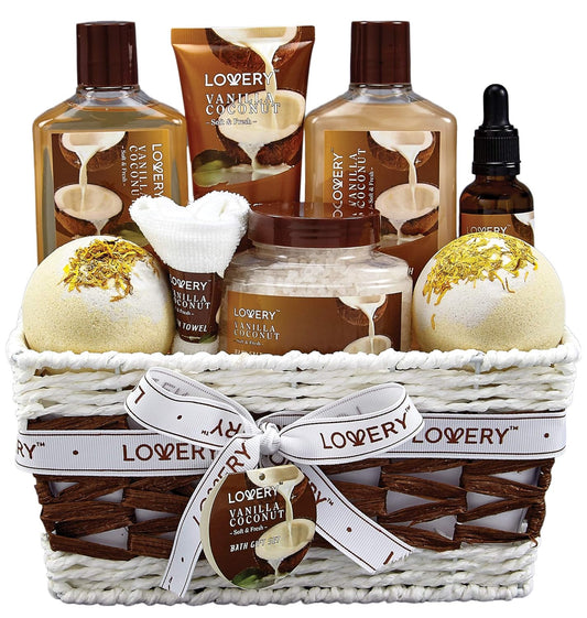 Bath and Body Gift Basket For Women and Men Ð 9 Piece Set of Vanilla Coconut Home Spa Set, Includes Fragrant Lotions, Extra Large Bath Bombs, Coconut Oil, Luxurious Bath Towel & More