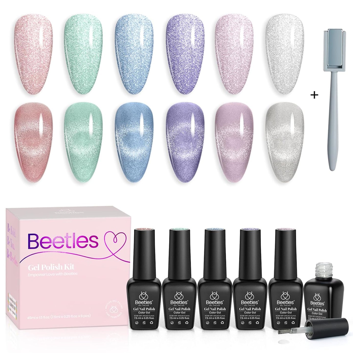 Beetles 6 Colors Holographic Glitter Cat Eye Gel Nail Polish Kit with Magnet Romantic Galaxy Series Soak Off Uv Led Gel Nail Polish Set Home Diy Manicure Nail Salon Varnish Nail Art