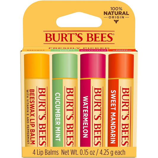 Burt's Bees Lip Balm Stocking Stuffers, Moisturizing Lip Care Christmas Gifts, Freshly Picked - Original Beeswax, Cucumber Mint, Watermelon, & Sweet Mandarin, 100% Natural (4-Pack)