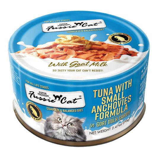 Fussie Cat Premium Tuna with Small Anchovies in Goat milk Gravy 2.47oz.