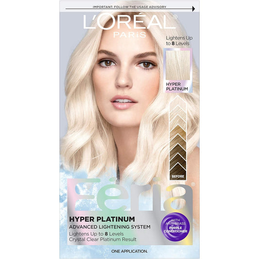 LÕOrŽal Paris Feria Hyper Platinum Advanced Lightening System Hair Bleach With Anti Brass Purple Conditioner, 4.3 Ounce