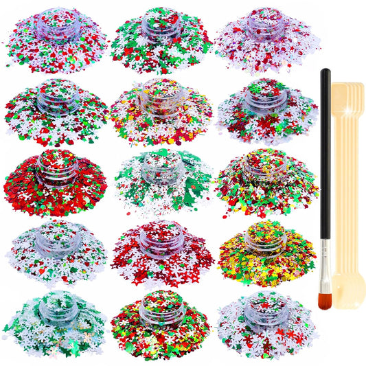 Glitter SUPGIFT 15 Colors 130g Holographic Christmas Snowflake Tree Heart Star Pentagram Chunky Cosmetic Laser Sequins for Makeup Hair Body Nail Art Slime Craft Resin with Brush 5 Spoons