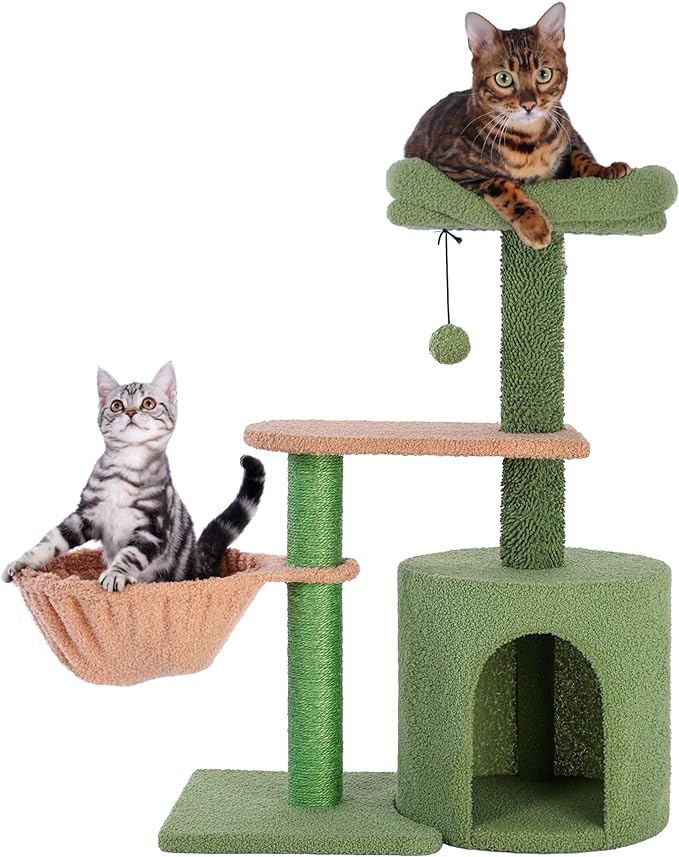 Cactus Cat Tree 34 Inches Cute Cat Tower with Padded Top Perch, Comfy Hammock